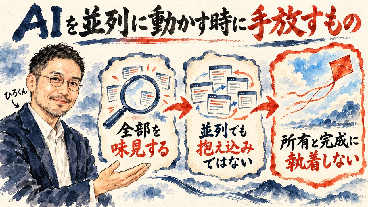 図解。見出しはAIを並列に動かす時に手放すもの。左でひろくんが片手を広げ、全部を味見する、並列でも抱え込みではない、所有と完成に執着しない、の三つの札が矢印で並ぶ水彩画