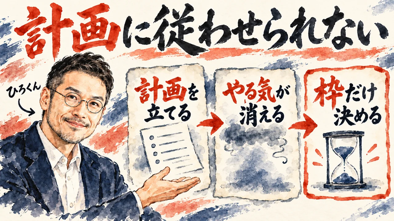 「決まった計画に自分を従わせない」の図解。「計画を立てる」「やる気が消える」「枠だけ決める」の三つの札が矢印で並び、左にひろくん