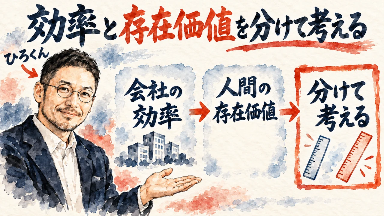 図解。会社の効率、人間の存在価値、分けて考える、の三つの札が矢印で並び、水彩画が添えられている
