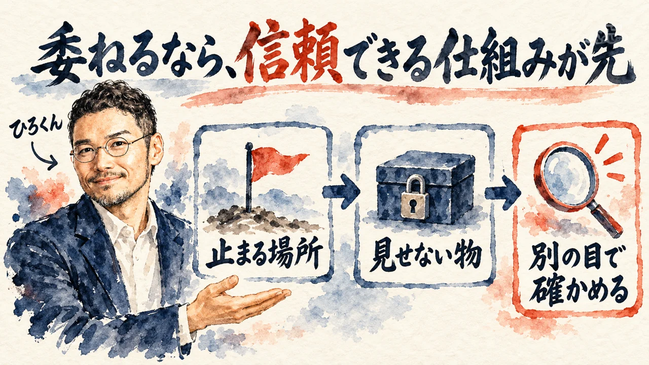 図解。見出しは委ねるなら、信頼できる仕組みが先。止まる場所、見せない物、別の目で確かめる、の三つの札が矢印で並び、左にひろくんの水彩画、三枚目の札に虫眼鏡が描かれている
