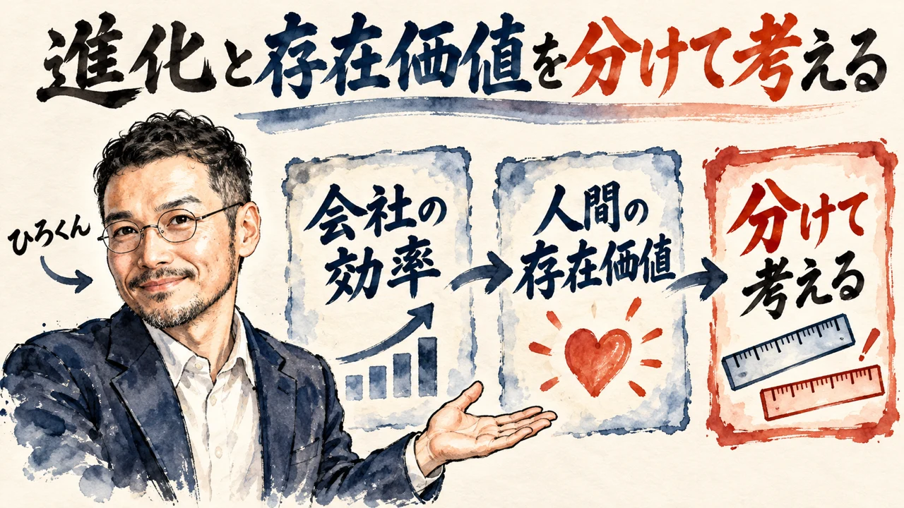 図解。進化に追いつく、人の価値をどこに置くか、分けて考える、の三つの札が矢印で並び、水彩画が添えられている