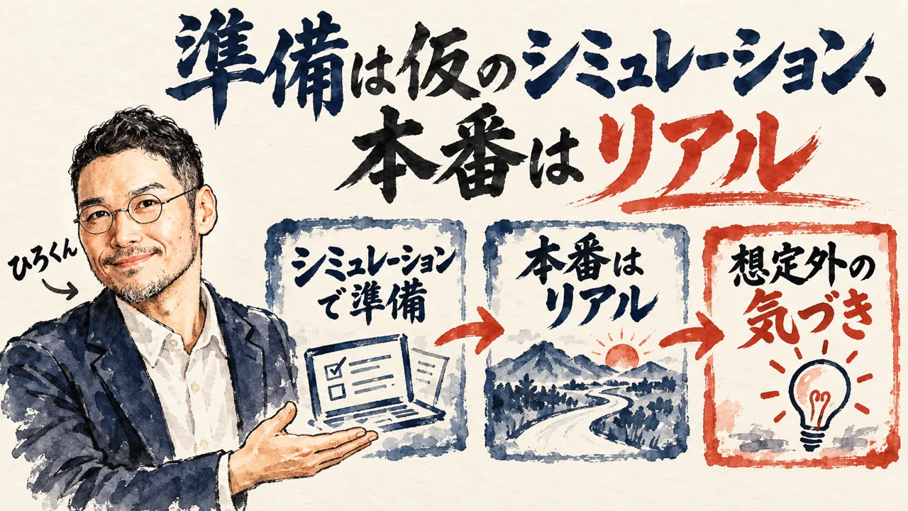 図解。ひろくんが手を向ける水彩イラストと、シミュレーションで準備、本番はリアル、想定外の気づき、の三つの札が矢印で並ぶ。見出しは準備は仮のシミュレーション、本番はリアル