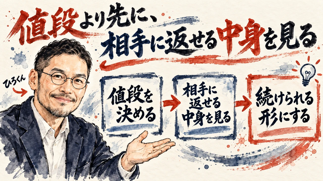 図解。ひろくんが手を向ける水彩イラストと、値段を決める、相手に返せる中身を見る、続けられる形にする、の三つの札が矢印で並ぶ。見出しは値段より先に、相手に返せる中身を見る