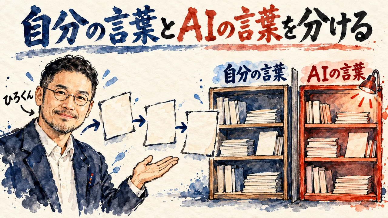 ひろくんが片手を広げ、自分の言葉の棚とAIの言葉の棚を分けて紹介している水彩の図解