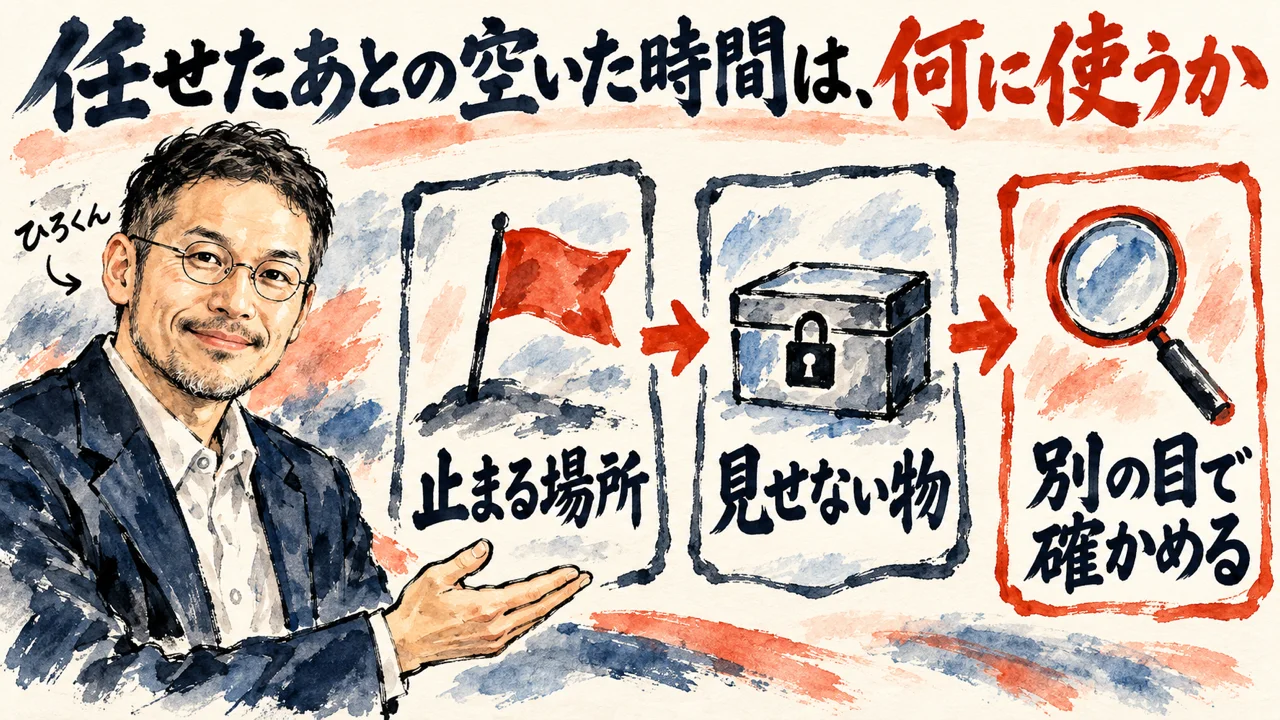 図解。見出しは任せたあとの空いた時間は、何に使うか。任せる、手が空く、やりたいことに使う、の三つの札が矢印で並び、左にひろくんの水彩画が描かれている