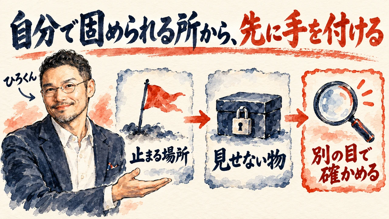 図解。見出しは自分で固められる所から、先に手を付ける。更新する、鍵を預ける、ログインを固める、の三つの札が矢印で並び、左にひろくんの水彩画が描かれている