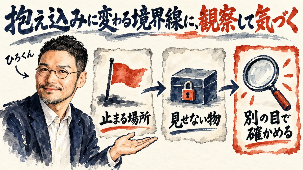 図解。見出しは、抱え込みに変わる境界線に、観察して気づく。結果を自分で所有する、完成させなきゃと執着する、観察して気づく、の三つの札が矢印で並び、左にひろくんの水彩画が描かれている
