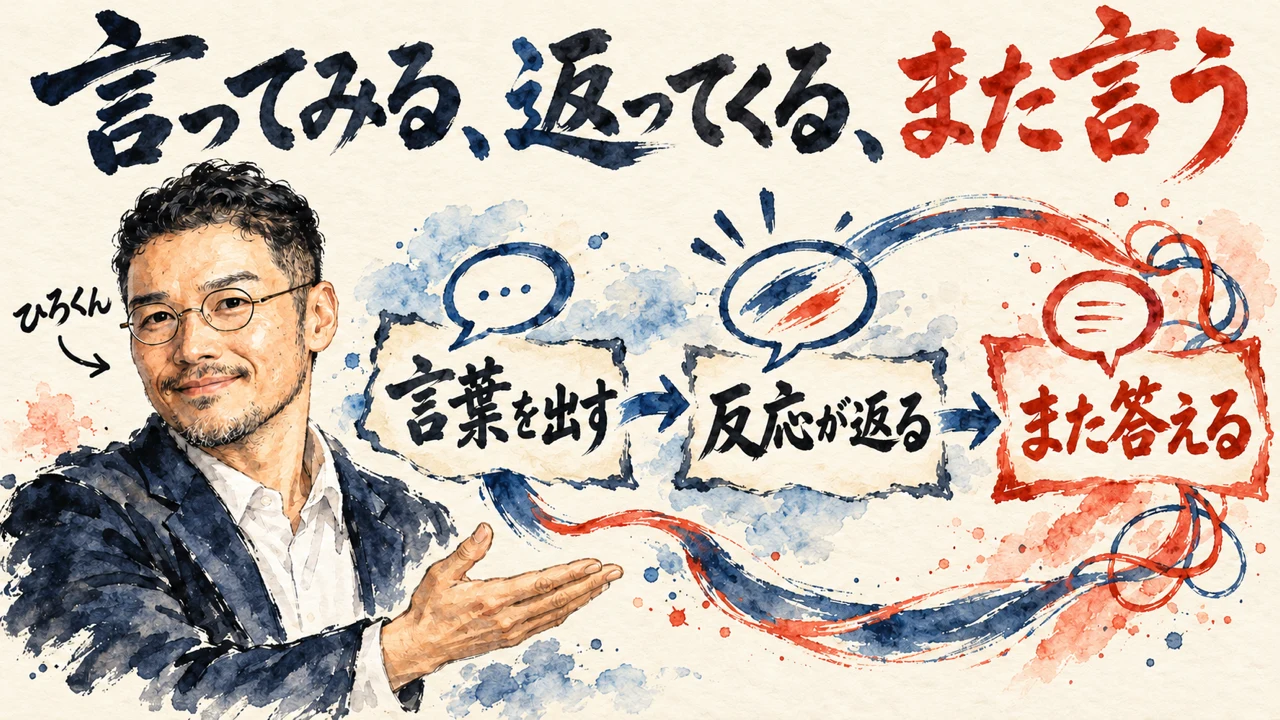 図解。思いついた言葉を出す、反応が返ってくる、次の言葉が浮かぶ、の三つの札が矢印で並び、行き来する糸の水彩画が添えられている