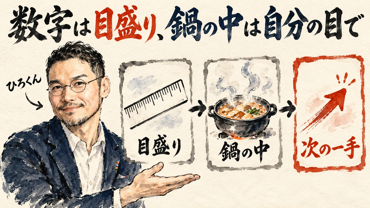 図解。見出しは、数字は目盛り、鍋の中は自分の目で。目盛り、鍋の中、次の一手、の三つの札が矢印で並び、左にひろくんの水彩画が描かれている