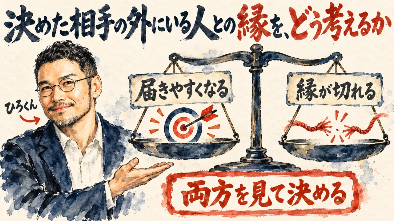 図解。見出しは、決めた相手の外にいる人との縁を、どう考えるか。天秤の左に届きやすくなる、右に縁が切れる、の札が載り、下に両方を見て決める、の帯と、左にひろくんの水彩画が描かれている