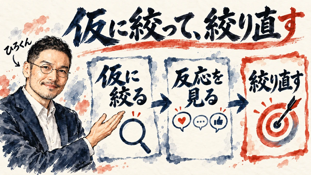 「仮に絞って、絞り直す」の図解。「仮に絞る」「反応を見る」「絞り直す」の三つの札が矢印で並び、最後の札に的と矢。左にひろくん