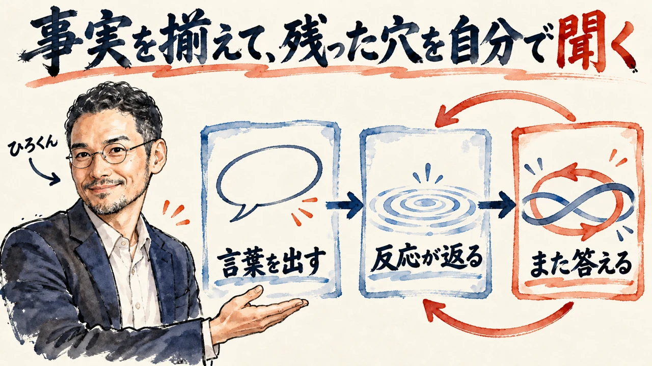 図解。言葉を出す、反応が返る、また答える、の三つの札が矢印でめぐり、左で筆者が手を広げて示している水彩画