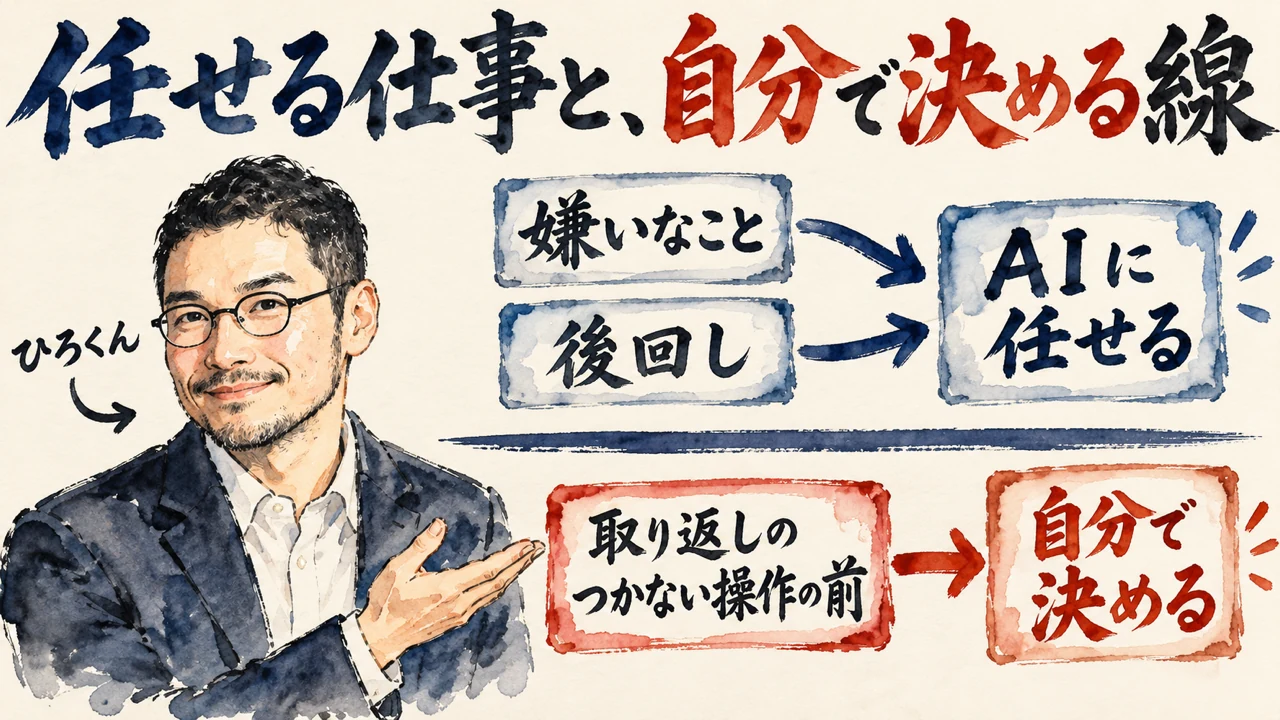 図解。左に笑顔で右手を広げるひろくんの水彩画。右上に嫌いなことと後回しの二つの札がAIに任せるの札へ矢印でつながり、一本の線をはさんで右下に、取り返しのつかない操作の前の札から自分で決めるの札へ矢印が続く。見出しは、任せる仕事と、自分で決める線