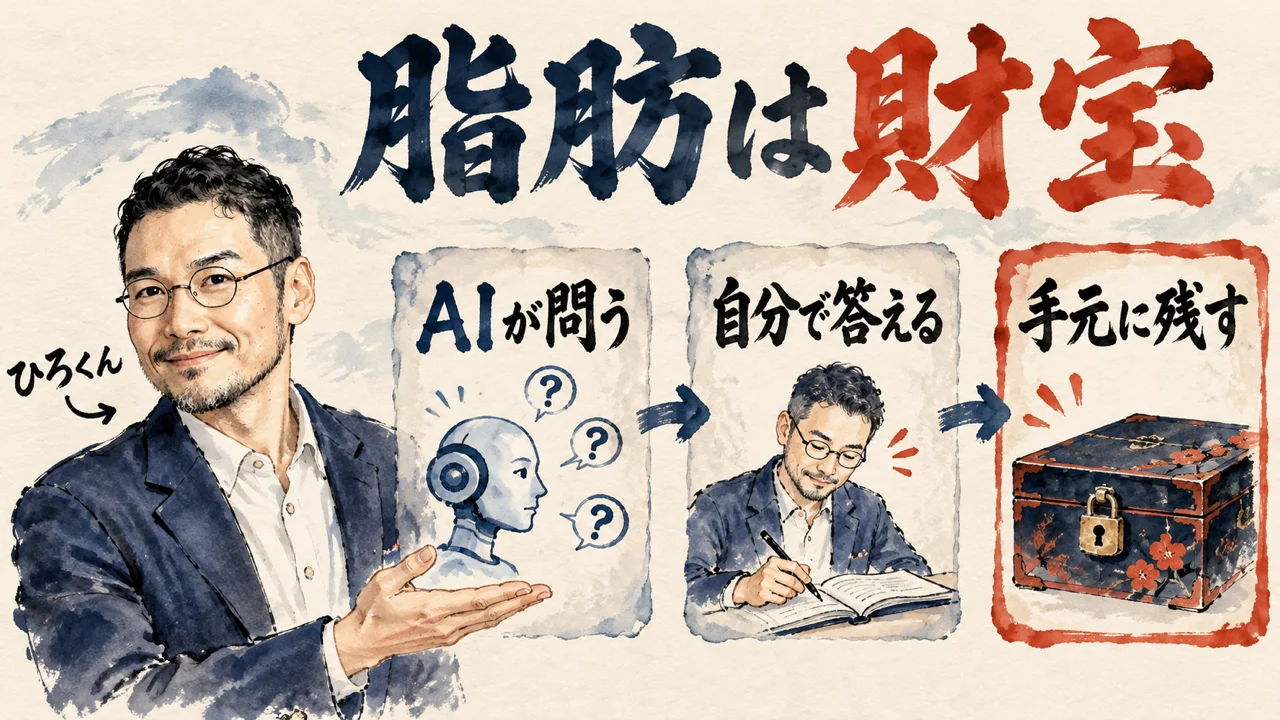 図解。見出しは脂肪は財宝。ひろくんが手を広げて紹介し、AIが問う、自分で答える、手元に残す、の三つの札が矢印で並び、AIの横顔と、ノートに書くひろくんと、鍵のかかった箱の水彩画が添えられている