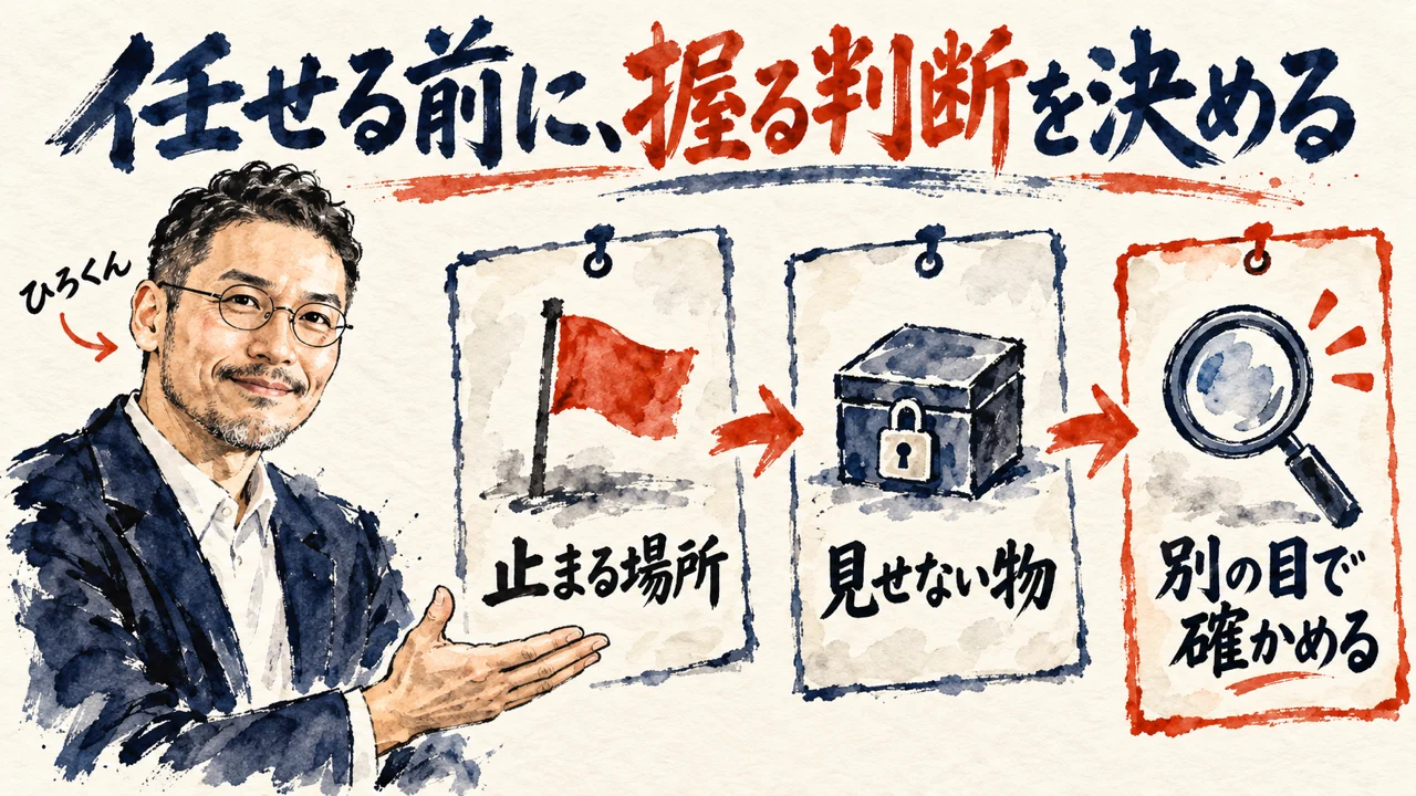図解。見出しは、任せる前に、握る判断を決める。自分が握る判断を決める、実務はAIに引き取ってもらう、役割分担にする、の三つの札が矢印で並び、左にひろくんの水彩画が描かれている