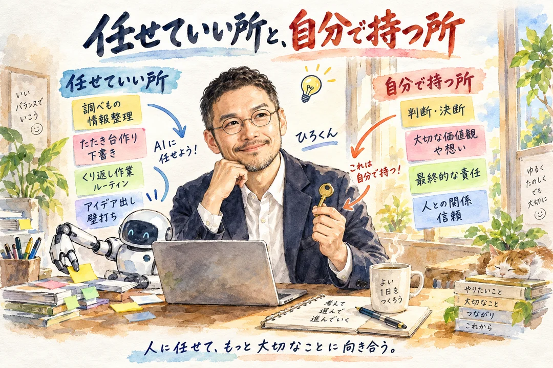 ひろくんが鍵を管理画面にしまい、任せる所と自分で持つ所を分けるグラレコ
