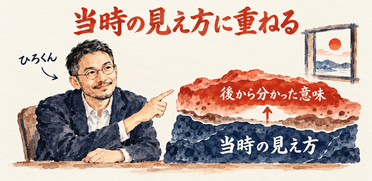 机に向かうひろくんが、右の地層の断面を指している。下の濃紺の層は当時の見え方、上の朱色の層は後から分かった意味。