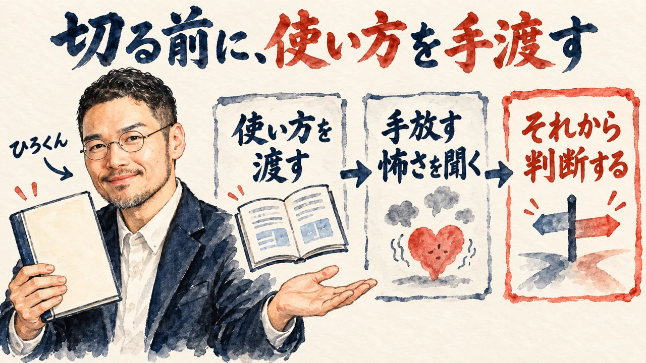 図解。見出しは切る前に、使い方を手渡す。基準を作る、使い方を渡す、安心して任せる、の三つの札が矢印で並び、左にひろくんの水彩画、右に説明書の水彩画が描かれている