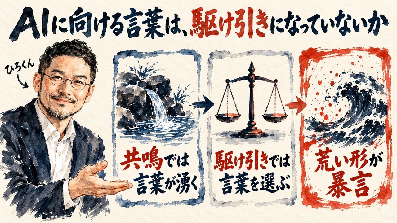 図解。見出しはAIに向ける言葉は、駆け引きになっていないか。共鳴では言葉が湧く、駆け引きでは言葉を選ぶ、荒い形が暴言、の三つの札が矢印で並び、左にひろくんの水彩画が描かれている