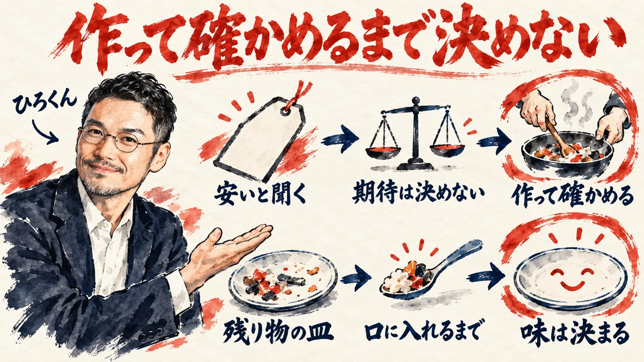 ひろくんが、安いと聞いても期待は決めず作って確かめる流れと、残り物の皿は口に入れるまで味が決まらない流れを紹介している図解
