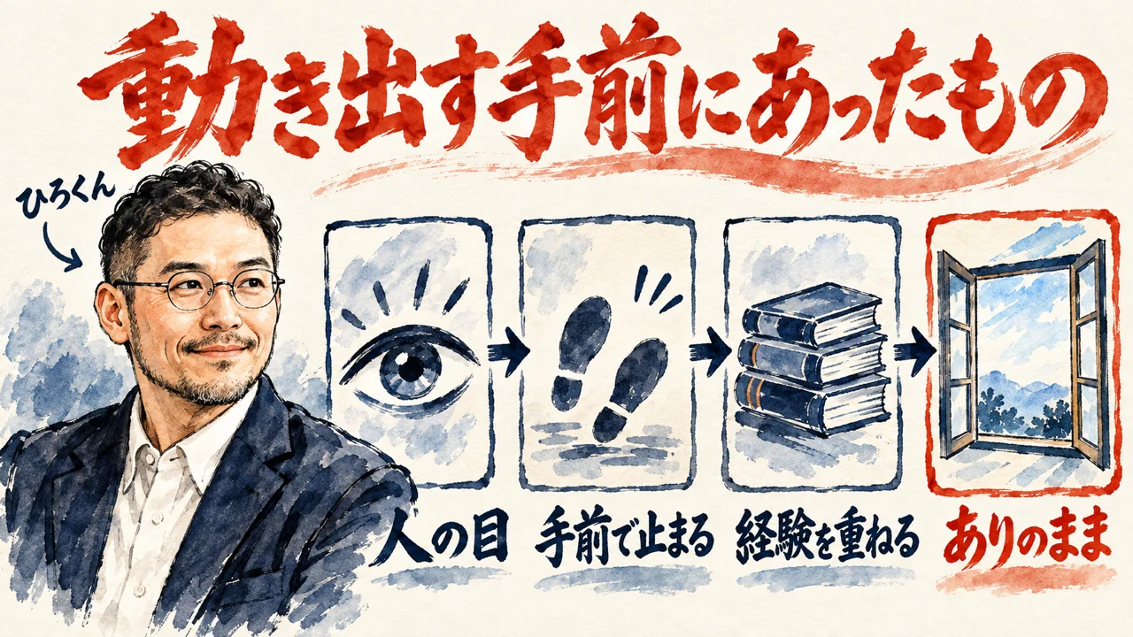 人の目、手前で止まる、経験を重ねる、ありのままという流れとひろくんを描いた図解