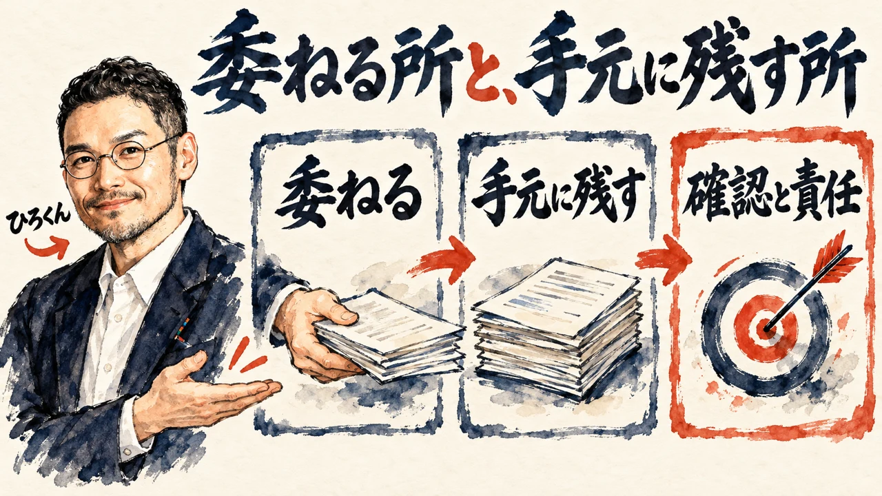「委ねる所と、手元に残す所」の図解。「委ねる」「手元に残す」「確認と責任」の3枚の札が並び、最後の札に的と矢。左にひろくん