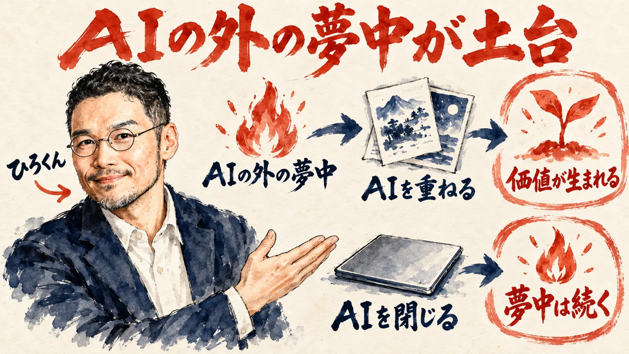 ひろくんが、AIの外の夢中にAIを重ねると価値が生まれる流れと、AIを閉じても夢中は続く流れを紹介している図解