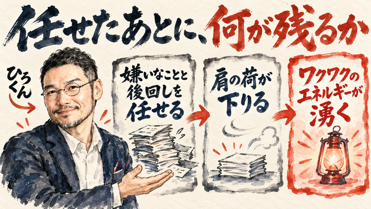 図解。見出しは、任せたあとに、何が残るか。嫌いなことと後回しを任せる、肩の荷が下りる、ワクワクのエネルギーが湧く、の三つの札が矢印で並び、左にひろくんの水彩画が描かれている