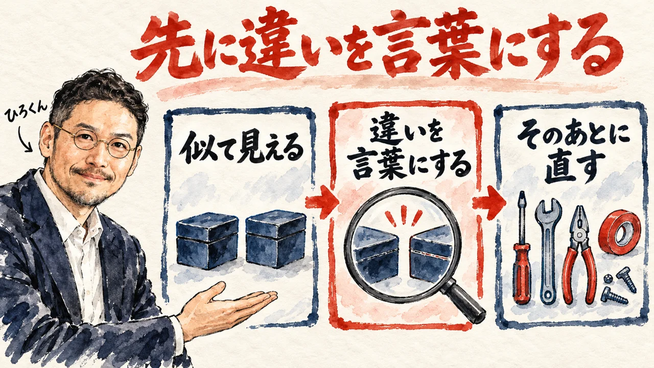 ひろくんが、似て見える二つの箱を、虫眼鏡で見て違いを言葉にしてから、そのあとに道具を整えて直す、と三つの札で紹介している図解