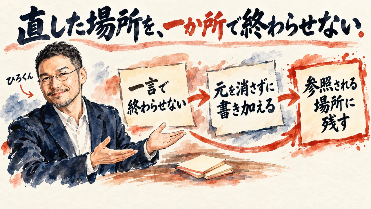 図解。見出しは、直した場所を、1か所で終わらせない。一言で終わらせない、元を消さずに書き加える、参照される場所に残す、の三つの札が矢印で並び、左にひろくんの水彩画が描かれている