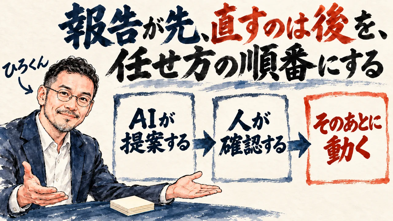 図解。見出しは、報告が先、直すのは後を、任せ方の順番にする。AIが提案する、人が確認する、そのあとに動く、の三つの札が矢印で並び、左にひろくんの水彩画が描かれている