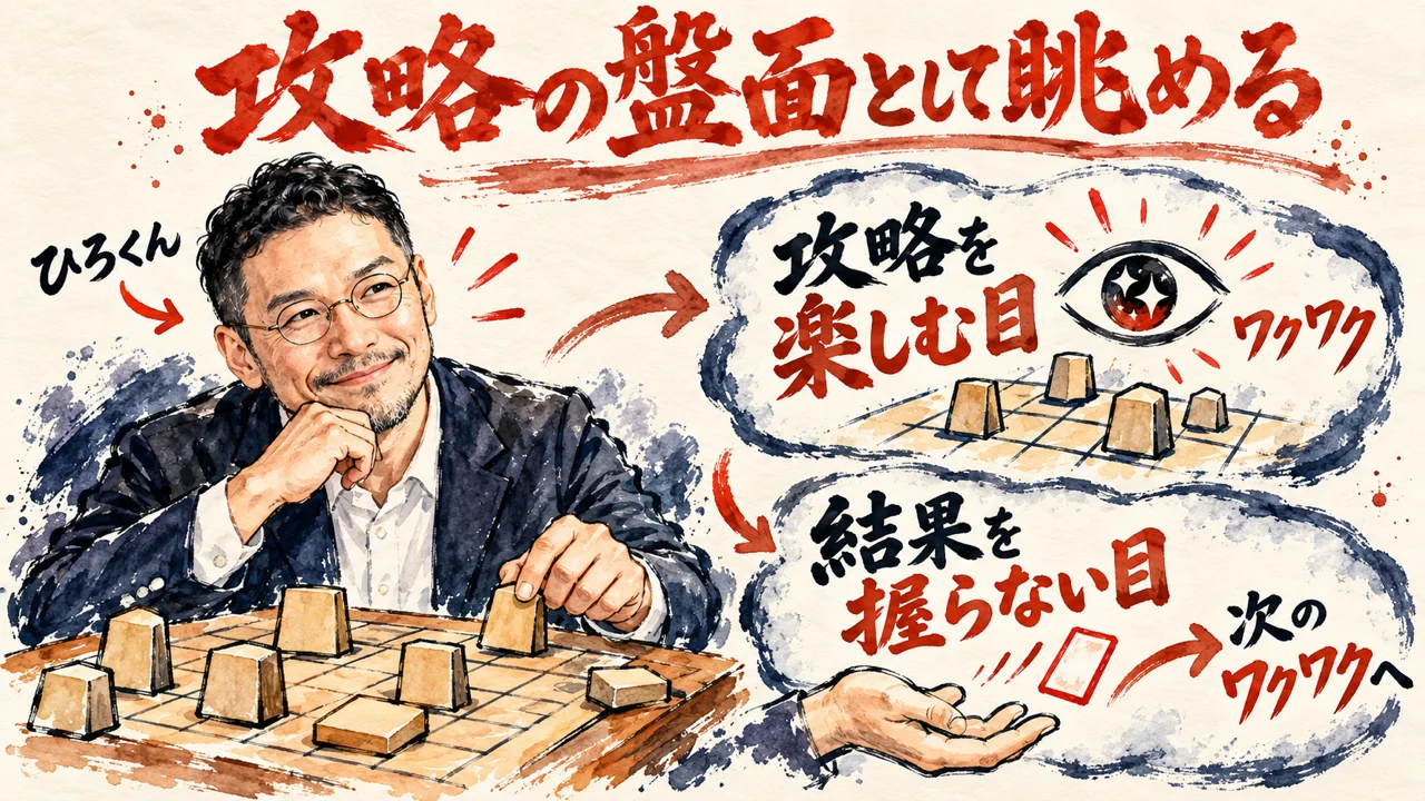 ひろくんが盤の駒を眺めながら、攻略を楽しむ目でワクワクし、結果を握らない目で手を開いて、次のワクワクへ向かう、と描いた図解
