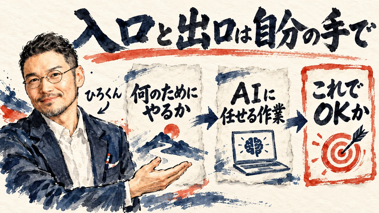 「入口と出口は自分の手で」の図解。「何のためにやるか」「AIに任せる作業」「これでOKか」の三つの札が矢印で並び、最後の札に的と矢。左にひろくん