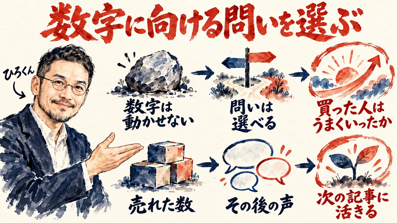 ひろくんが、動かせない数字に対して、買った人はうまくいったかという問いを選び、その後の声を次の記事に活かす流れを紹介している図解