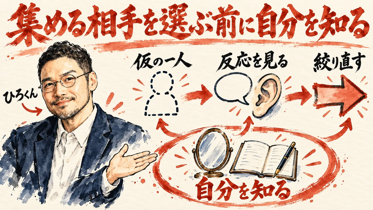 自分を知ることから、仮の一人を置き、反応を見て、絞り直す、と進む図解。左にひろくん