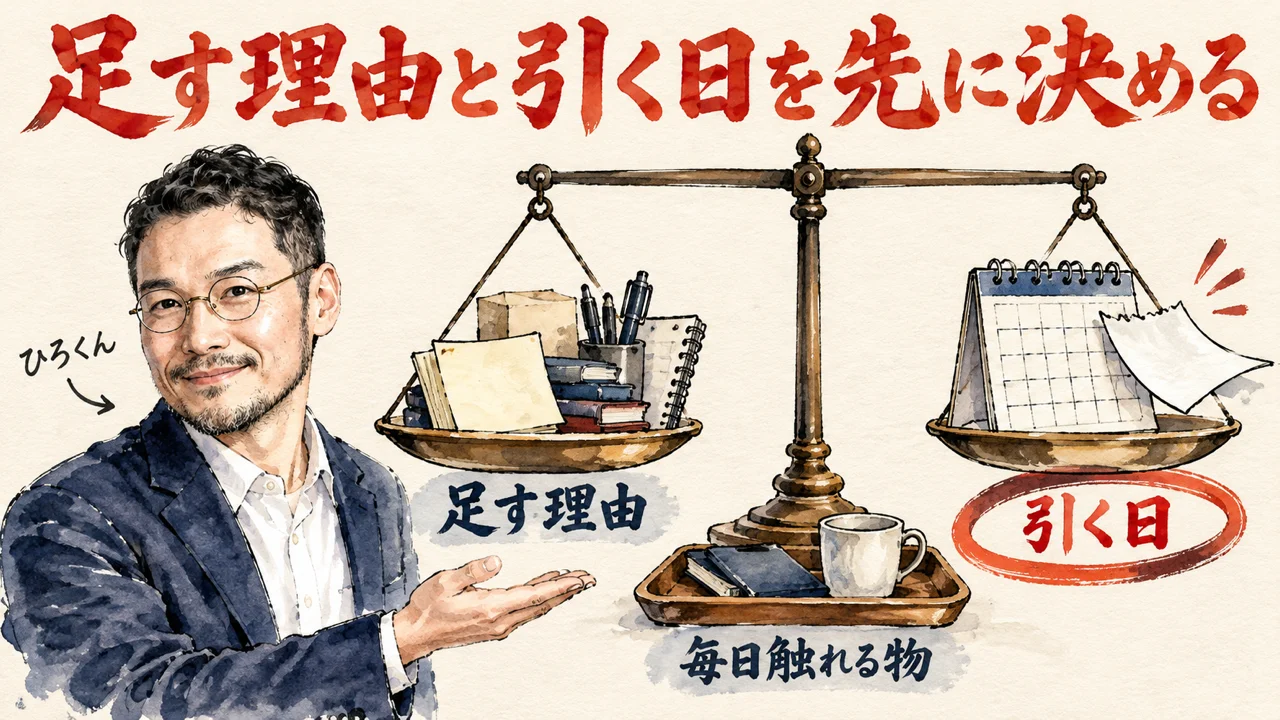 ひろくんが、足す理由の山と引く日のカレンダーがつり合う天秤を紹介している図解。天秤の下には毎日触れる物のトレーがある