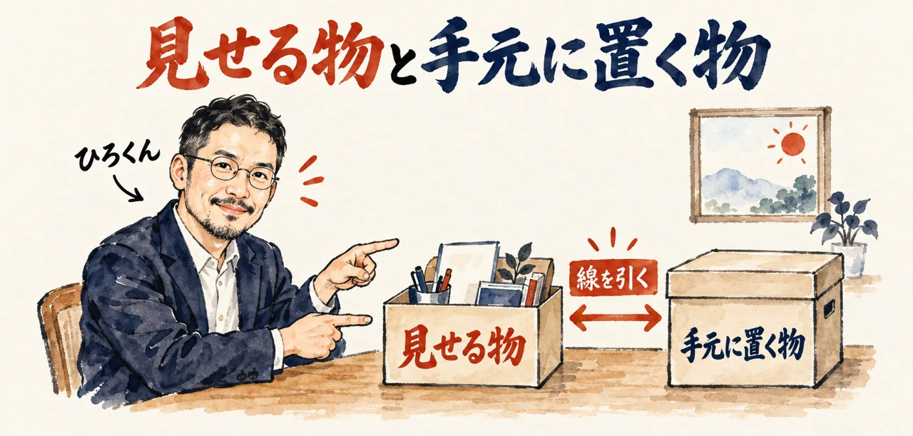 机の上で、人に見せる物と手元に置く物を分けているひろくんの水彩の場面