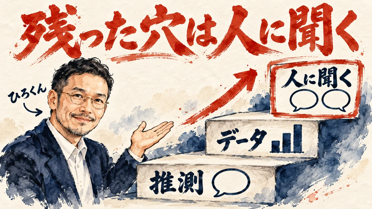 ひろくんが、推測、データ、人に聞くの三段の階段を紹介している図解。人に聞くの段だけが朱色の枠になっている