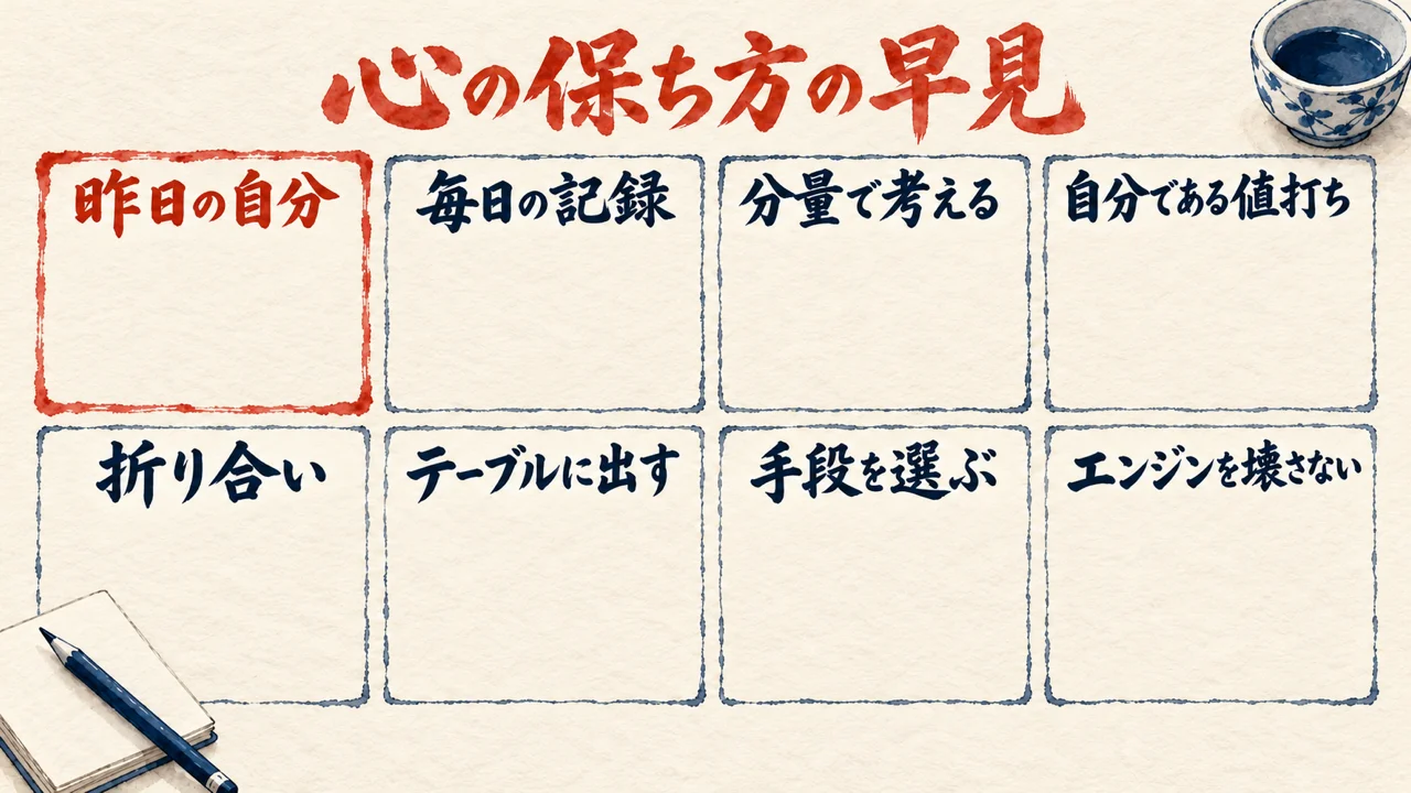 机の上に広げた和紙の早見表に、昨日の自分、毎日の記録、分量で考える、自分である値打ち、折り合い、テーブルに出す、手段を選ぶ、エンジンを壊さない、の八枚の札が並ぶ図解