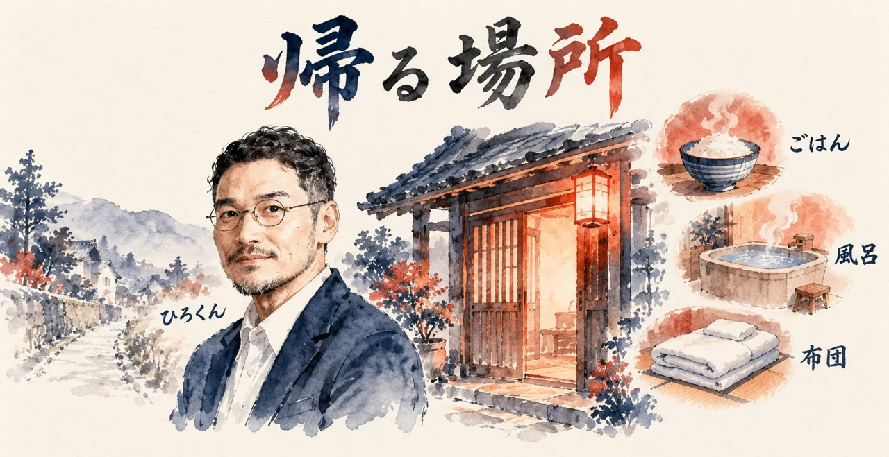 水彩の図解: 実家の玄関の前に立つ私と、灯りの内側のごはん・風呂・布団