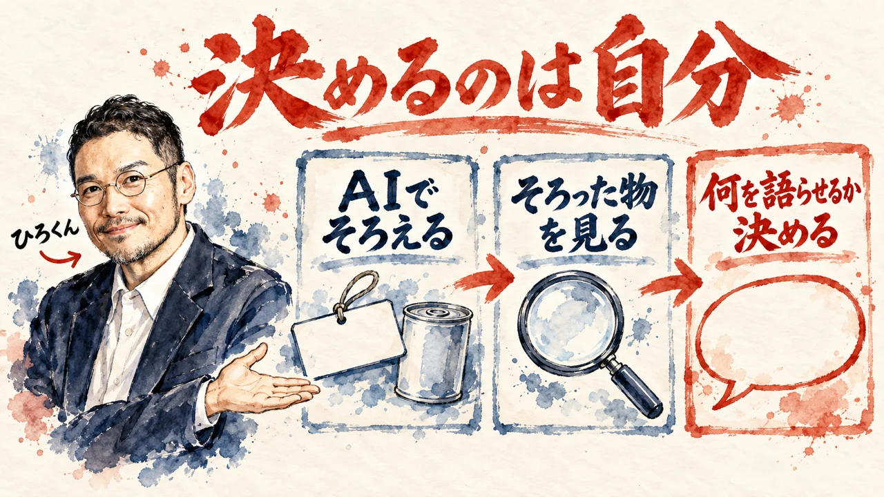 ひろくんが、AIでそろえる、そろった物を見る、何を語らせるか決めるの三枚の札を紹介している図解。何を語らせるか決める札だけが朱色の枠になっている