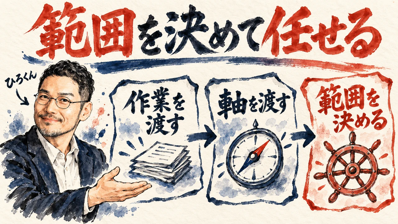 図解。見出しは範囲を決めて任せる。作業を渡す、軸を渡す、範囲を決める、の三つの札が矢印で並び、左にひろくんの水彩画、右に番組の画面の水彩画が描かれている