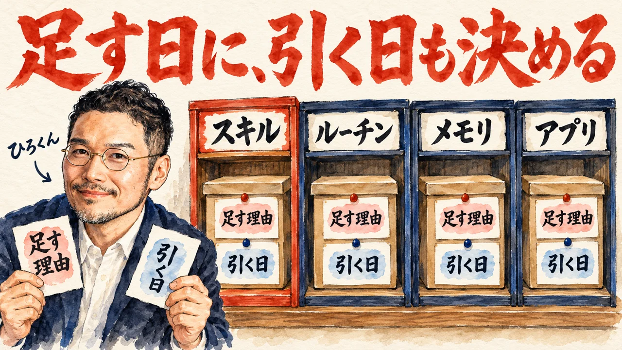 ひろくんが、足す理由と引く日の二枚の札を手に、スキル、ルーチン、メモリ、アプリの四つの棚を紹介している図解
