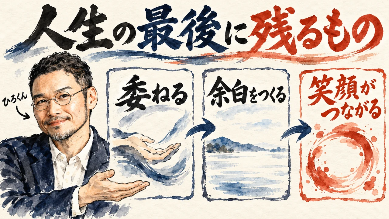 図解。見出しは人生の最後に残るもの。委ねる、余白をつくる、笑顔がつながる、の三つの札が矢印で並び、左にひろくんの水彩画、右に笑顔がつながる輪を表す朱色の墨の円が描かれている