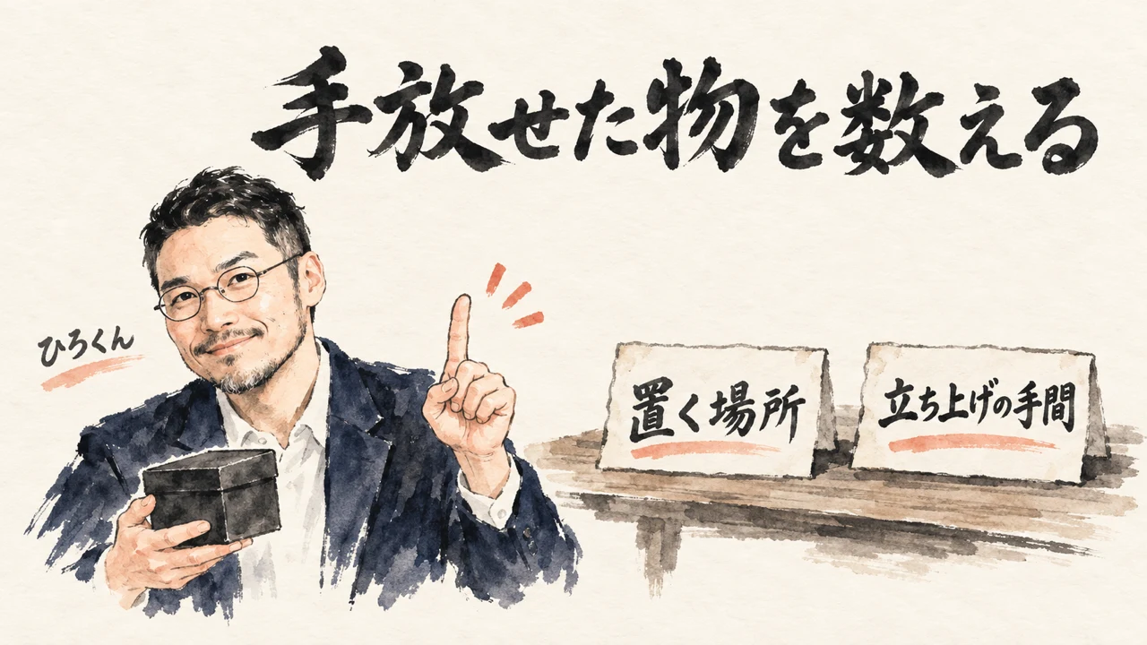 図解。見出しは手放せた物を数える。置く場所、立ち上げの手間、と書かれた二つの札を、小さな黒い箱を持ったひろくんが指さしている水彩画