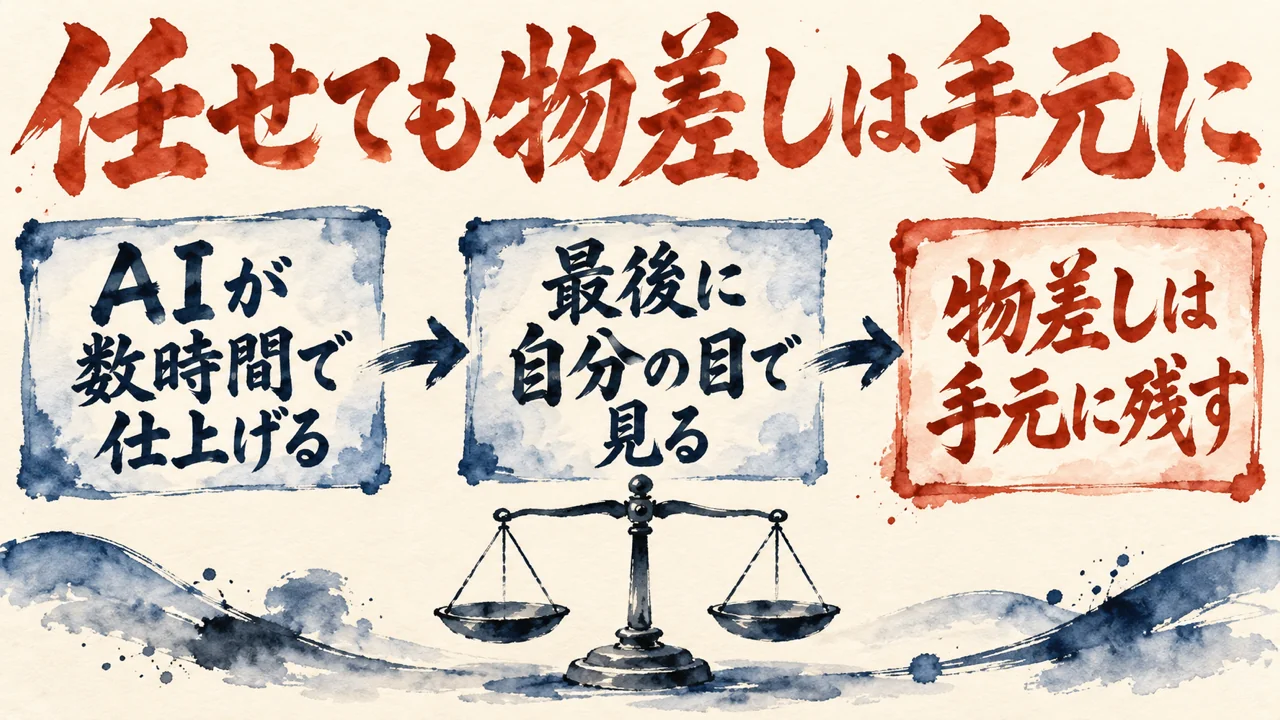 図解。見出しは任せても物差しは手放さない。AIが数時間で仕上げる、最後に自分の目で見る、物差しは手元に残す、の三つの札が矢印で並び、小さな秤の水彩画が描かれている