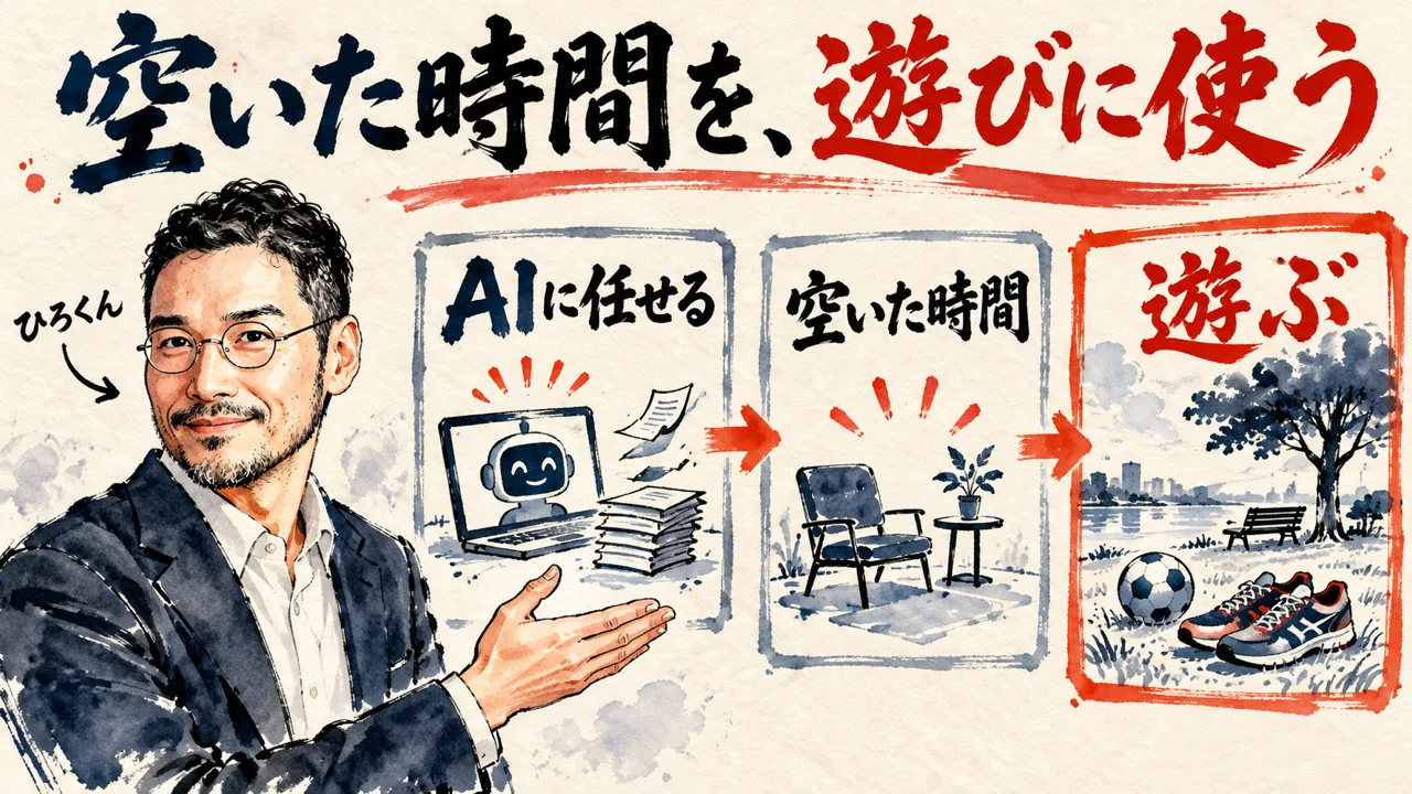 図解。見出しは空いた時間を、遊びに使う。仕事、遊び、と書かれた二つの札の間に、ひろくんが立つ水彩画