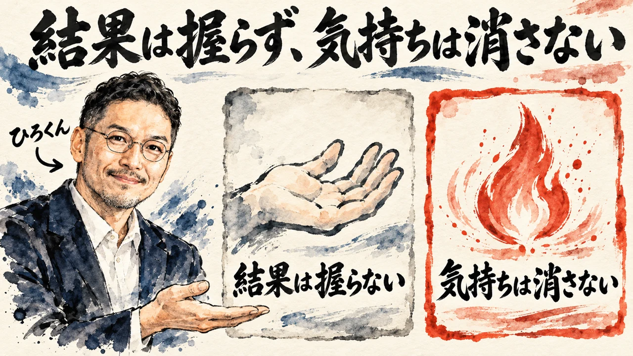 図解。見出しは結果は握らず気持ちは消さない。開いた手の絵の札と炎の絵の札が並び、ひろくんが手を広げて二つの札を示している水彩画