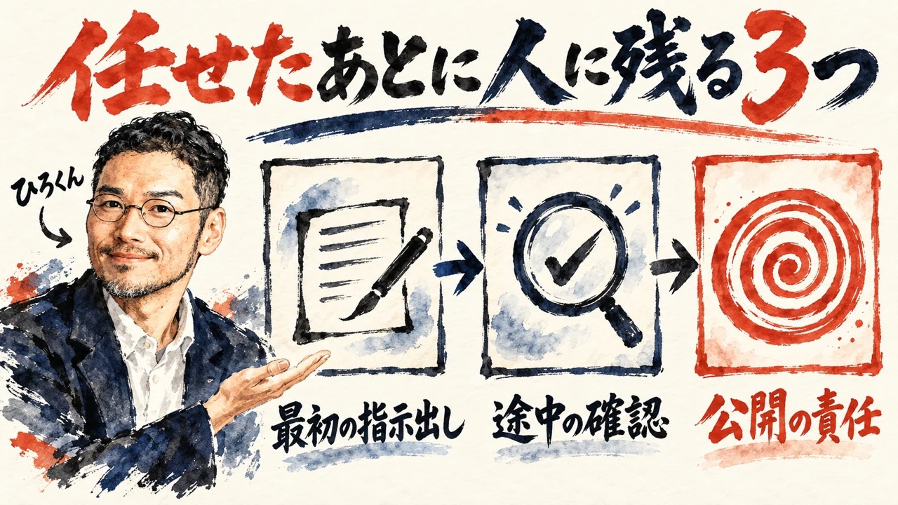 図解。見出しは任せたあとに人に残るもの。最初の指示出し、途中の確認、公開の責任、と書かれた三枚の札を、ひろくんが指さしている水彩画