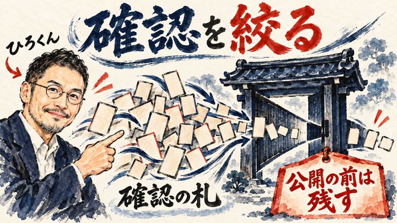 コラムの図解。左にひろくんが笑顔で立ち、集まった確認の札を指している。札は右の和風の門の細い口へ流れ、数枚だけが門の向こうへ出ていく。右下に朱色の札で、公開の前は残す、と添えている